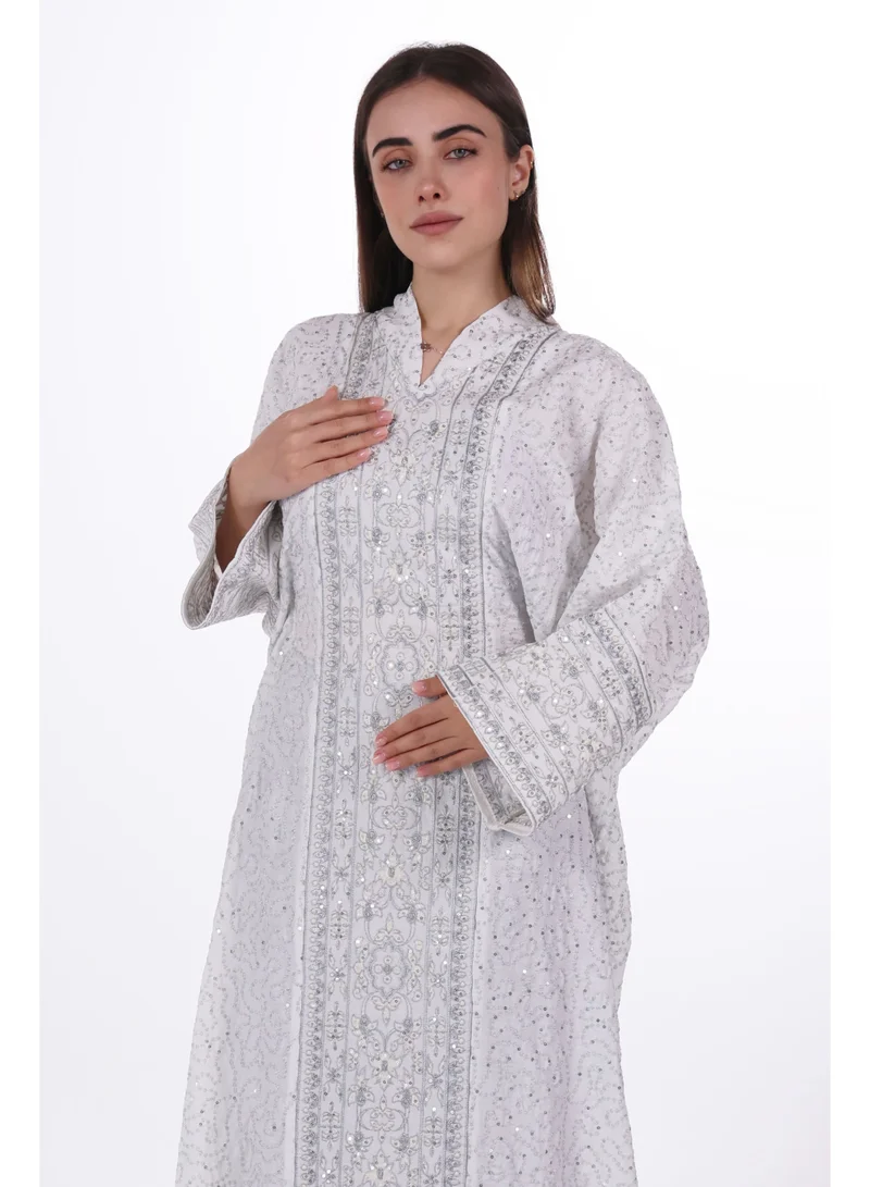 AL BENT AL SHARQIEH white Embroidered Linen Jalabiya dress with unvisible belt for Women | Best Price UAE